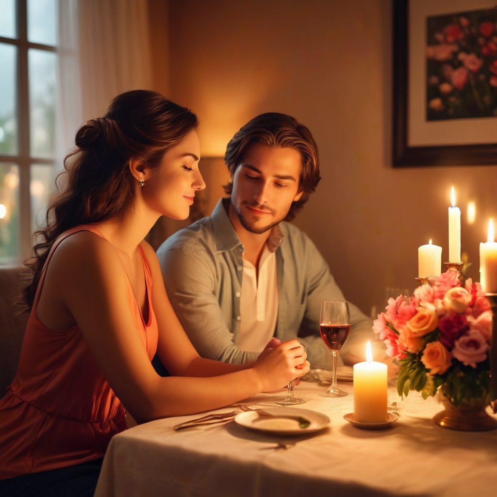 An intimate scene depicting a couple sitting close together, sharing a heartfelt conversation over a candlelit dinner. Their expressions show deep understanding and connection, surrounded by soft, warm lighting that enhances the mood. Elements like flowers, a softly glowing candle, and gentle background music notes float around, symbolizing harmony. The setting should evoke a sense of emotional closeness and warmth. soft focus. romantic atmosphere. vibrant colors.