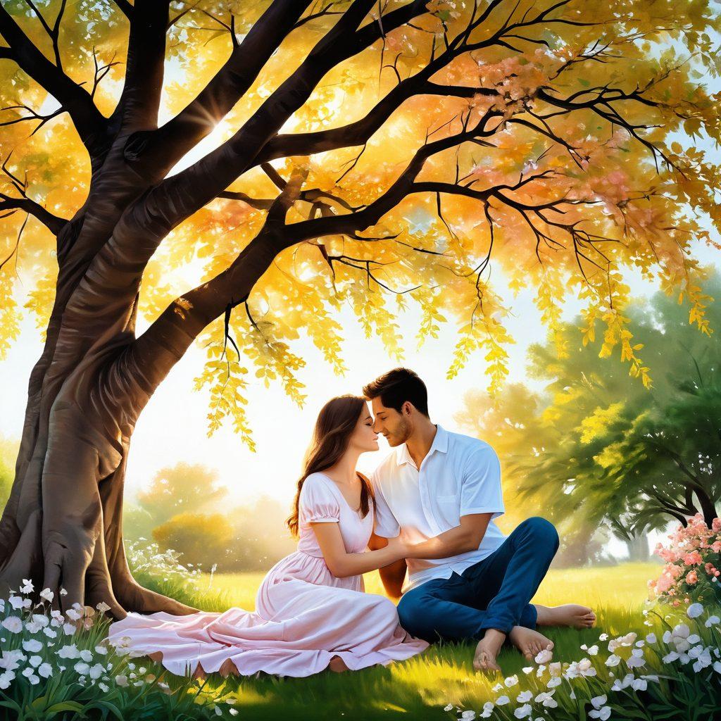 A warm scene depicting a couple sharing a tender moment under a lush tree, surrounded by blooming flowers, illustrating affection and trust. Include soft sunlight filtering through the leaves, creating a golden glow around them, symbolizing connection and warmth. Use a cozy color palette with soft pastels to evoke feelings of love and serenity. painting. vibrant colors.