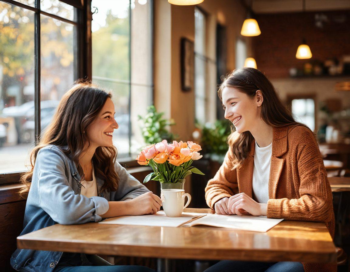 A heartwarming scene depicting two friends sharing a heartfelt conversation in a cozy café, surrounded by soft sunlight filtering through the windows. Include symbols of love and friendship such as intertwined hearts and flowers on the table. Capture warmth and connection through their smiling expressions and gentle body language. Emphasize a soft, inviting color palette to evoke affection. super-realistic. warm tones. soft focus.
